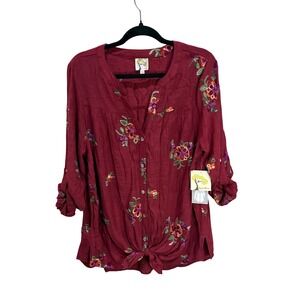 Fig and Flower Burgundy Embroidered Tunic Boho Top Sz 1X Button Front Tie Front